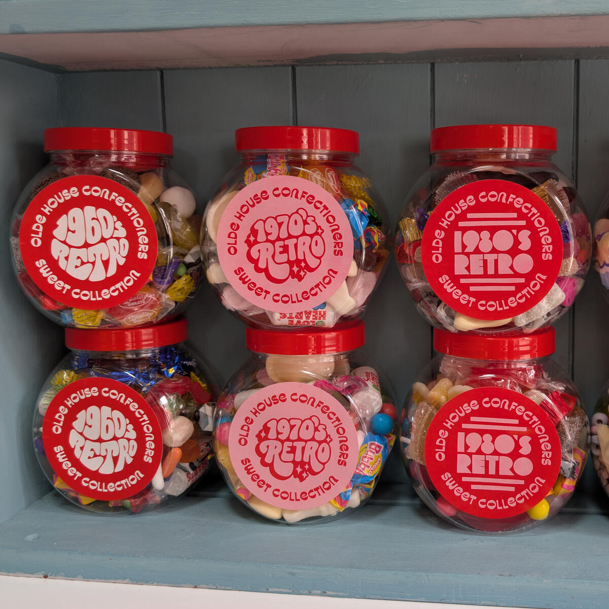 The Olde House Confectioners Retro Sweet Gifts Retro sweets in assorted gift jars, including 1960s, 1970s, and 1980s style sweets.