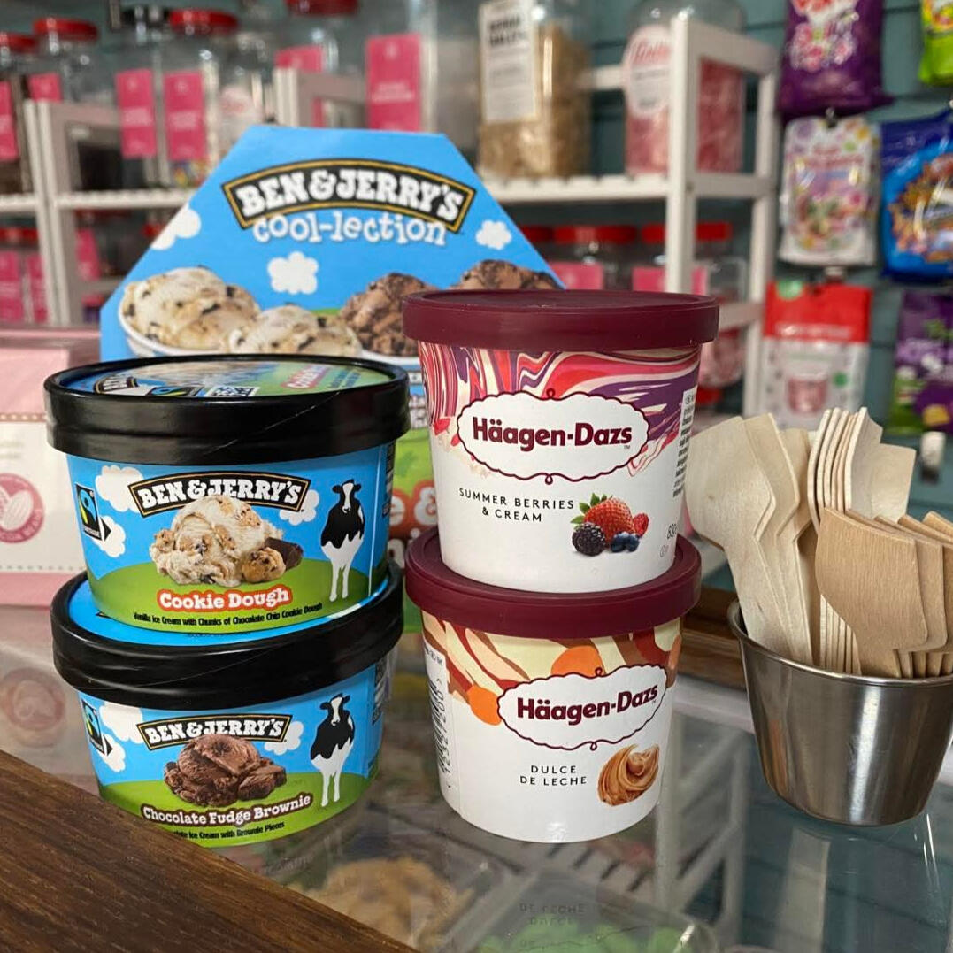 The Olde House Confectioners Ice Cream Ben and Jerry's and Haagen-Dazs Ice Cream Tubs
